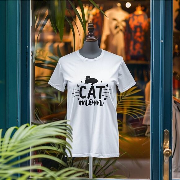 Cat Mom Printed White T-Shirt Cat Desing and Whiskers Ideal for Cat Lovers - Picture 2 of 11